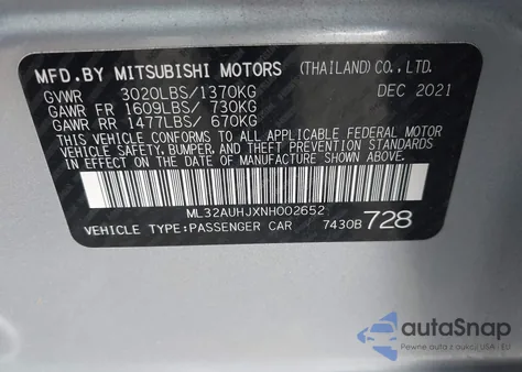 2022 Mitsubishi Mirage Es/Le из США, поврежденный, VIN ML32AUHJXNH002652